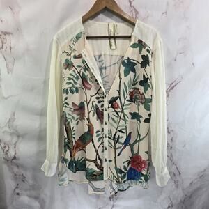 Arrata Silent Journey Shirt Womens Small Blouse Sheer White Bird Floral Button